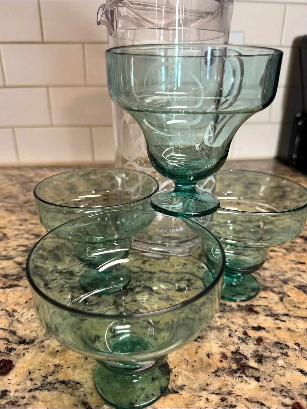 kate spade Clear Pitcher with Teal Glasses and White Citrus Motif